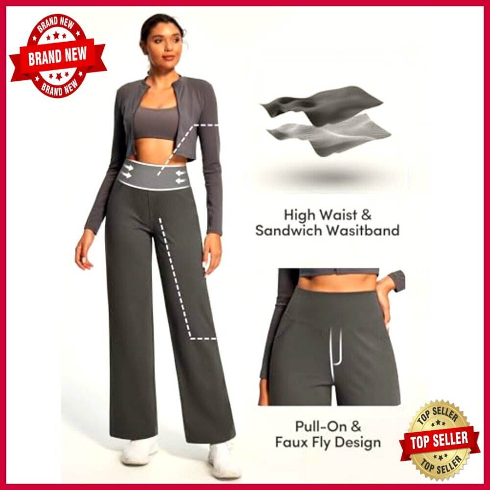 High Waist Wide Leg Yoga Pants with Pockets Tummy Control Stretch - Picture 3 of 6